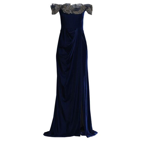 Marchesa Off The Shoulder Embellished Velvet Gown Blue Beaded Size 8 Preowned - Picture 2 of 15